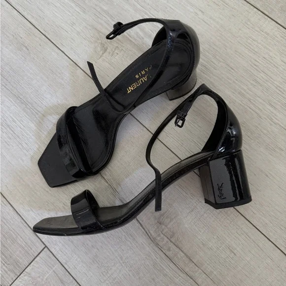 Saint Laurent Black Patent Leather Square-Toe Ankle-Strap Heels - Picture 2 of 4